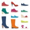Various footwear, set of icons. Colorful shoes and boots for women and men. Vector illustration. Collection for shop and fashion
