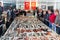 Various fresh fish for sale at seafood auction at Alacati fish market, Turkey.