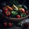 Various fresh fruits and vegetables in the basket on the wood table in the dining room, Generative Ai