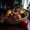 Various fresh fruits and vegetables in the basket on the wood table in the dining room, Generative Ai