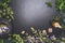 Various fresh healing herbs and flowers , tea strainer , spoon and sweets on dark background, top view