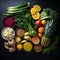 Various fresh healthy raw organic vegetables, herbs and fruits on dark background, top view.