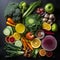 Various fresh healthy raw organic vegetables, herbs and fruits on dark background, top view.