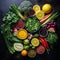 Various fresh healthy raw organic vegetables, herbs and fruits on dark background, top view.