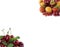 Various fresh summer berries. Ripe strawberries, redcurrants, apricots, nectarines and cherries on white background.