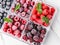 various frozen fruits in rectangular plate on white marble table. served with elegance