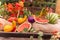 Various fruits, watermelons, pumpkins and vegetables on a cart during the autumn holiday. Selective focus