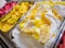 Various Gelato in a store window. Multicolor Ice cream rack in a snack bar close-up