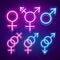 Various gender identities and sexualities, neon glowing icons, v