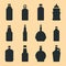 Various glass bottle icon set. For drinks, water, soda, wine, alcohol, beverages