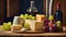 Various gourmet cheeses, fresh grapes, wine assortment the different in the kitchen italian delicatessen