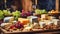 Various gourmet cheeses, fresh grapes, wine on the table in the kitchen italian delicatessen