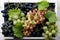 Various grapes with leaves in white wooden tray