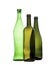 Various green glass wine bottles, empty. Isolated on white background. Three objects still life.