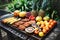 Various grilled fruits lie on a large dish, selective focus. May holidays concept of vegetarian fruit barbecue, party