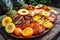 Various grilled fruits lie on a large dish, selective focus. May holidays concept of vegetarian fruit barbecue, party