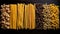 Various groups of raw colored flour wheat pasta in a row, black background isolate. AI generated.