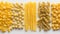 Various groups of raw colored flour wheat pasta in a row, white background isolate. AI generated.