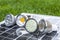 Various GU10 LED bulbs on photovoltaics in the grass