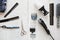various hairdressing equipment white background. High quality photo