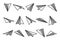 Various hand drawn paper planes. Black doodle airplanes. Aircraft icon, simple monochrome plane silhouettes. Outline