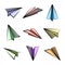 Various hand drawn paper planes. Colorful doodle airplanes. Aircraft icon, simple plane silhouettes. Outline, line art