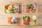Various of Healthy lunch boxes in plastic package, clean food, top view. Diet food concept