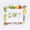 Various healthy salad vegetables ingredients and text diet on white desk background, top view. Clean eating layout