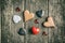 Various hearts on wooden table.