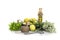 Various herbs, spices, lemons and olive oil on a white background