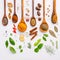 Various herbs and spices in wooden spoons. Flat lay of spices in