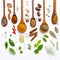 Various herbs and spices in wooden spoons. Flat lay of spices in