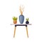 Various Home Plants in Ceramic Pots on Small Wooden Table Stand, Plants for Office, Room or Balcony Decoration Vector