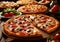 Various homemade pizza with vegetables, cheese and pepperoni on kitchen table background.Macro.AI Generative