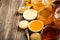 Various honey on wooden table