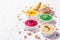 Various hummus dips, the flat lay of hummus in different colors with spinach, beetroot, turmeric and vegetables