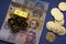Various Hungarian banknotes, gold bars and bitcoin BTC coins