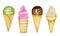 Various ice-cream scoops decorated with chocolate in waffle cone. Watercolor illustration isolated assorted balls of