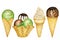 Various ice-cream scoops decorated with chocolate in waffle cone. Watercolor illustration isolated assorted balls of