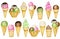 Various ice cream scoops decorated with chocolate in waffle cone. Watercolor illustration isolated assorted balls of