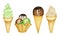 Various ice cream scoops decorated with chocolate in waffle cone. Watercolor illustration isolated assorted balls of