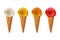 Various ice-cream scoops on white background with assorted balls of vanilla, chocolate, strawberry and butterscotch icecream in wa