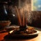 Various incense sticks on a stand burn with smoke, aroma in the house