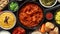 Various Indian dishes on a table. Spicy chicken Tikka Masala in iron pan