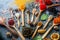 Various indian spices in wooden and silver spoons and metal bowls, seeds, herbs and nuts on dark stone table. Colorful spices