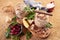 Various ingredients served on table near jars of vegetarian pate