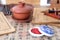 Various items related to Chinese calligraphy on the desk