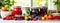 Various jams in jars with berries and fruits. Selective focus.