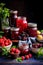 Various jams in jars with berries and fruits. Selective focus.