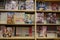 Various japanese cartoon books for sale in a bookshop. Anime, Mange. Various mangas on display for sale. Manga comic books.
